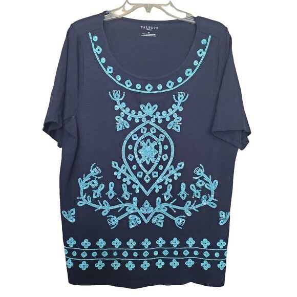 Talbots Woman Cotton Navy Turquoise-Sequined-Beaded Short Sleeve Tunic Size 1X - Picture 1 of 5